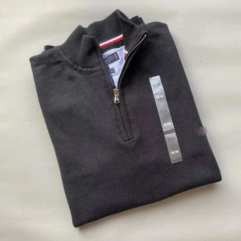 Unbranded Knitwear Half-Zip Mock-Neck Knit Sweater with Striped Collar Trim — Style 1