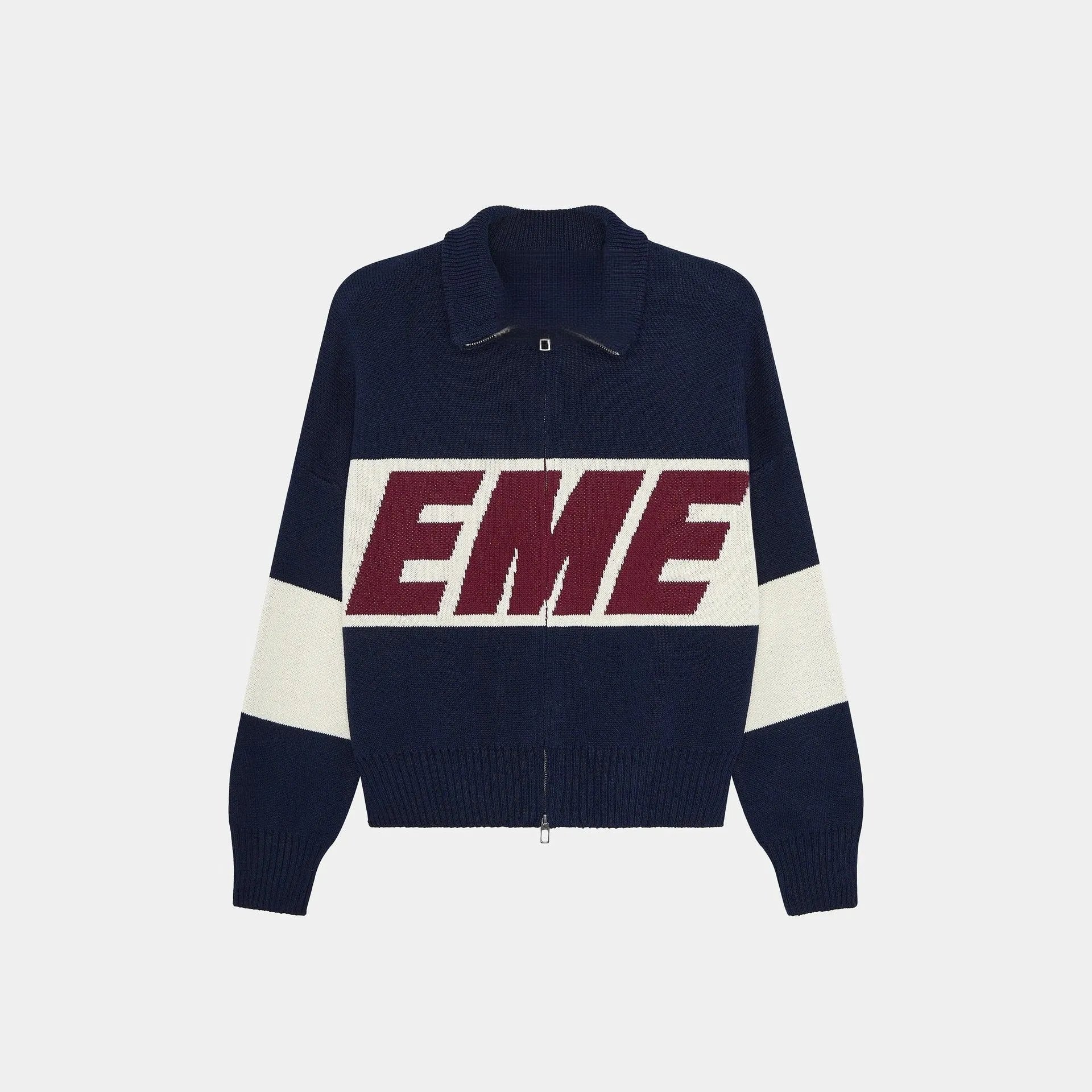Oversized Letter Jacquard Sweater with Dual Zippers, EME, Unisex Knit Top