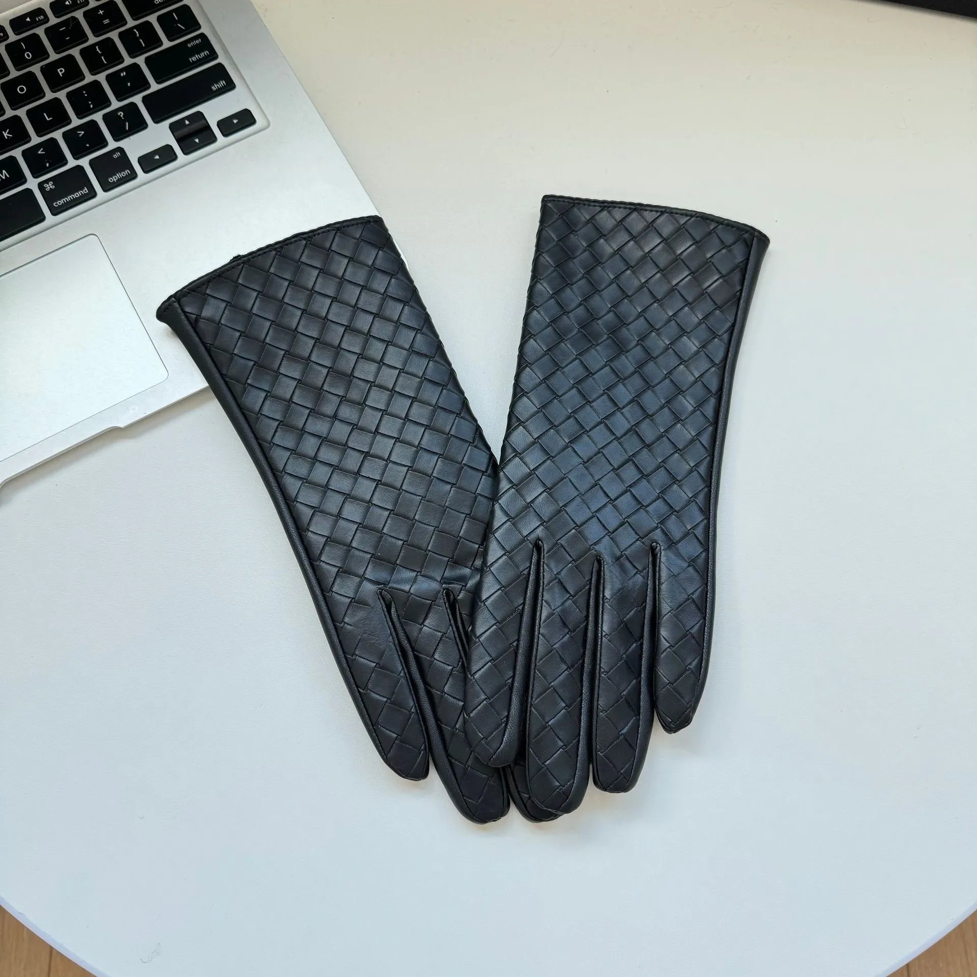 Handwoven Diamond Plaid Leather Gloves