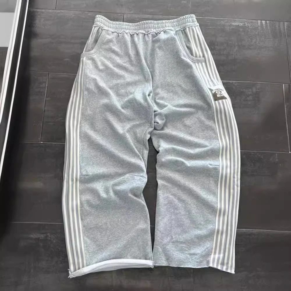 Sports pants for men and women, ins pure cotton heavyweight loose wide leg pants, side striped sweatpants, hanging straight leg pants