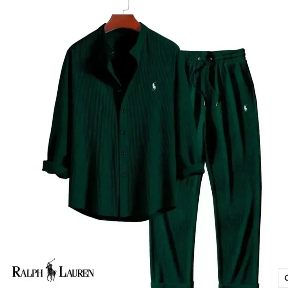Ralph Lauren Dark Green Waffle-Knit Long-Sleeve Top and Pants Set