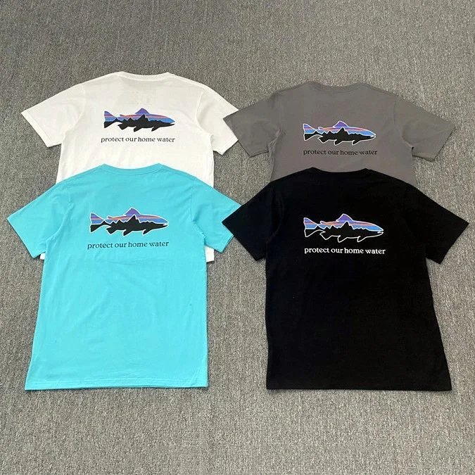 Men's Summer Patagonia Flying Fish Series Shark Print Short Sleeve Tee Casual Crew Neck Top pata