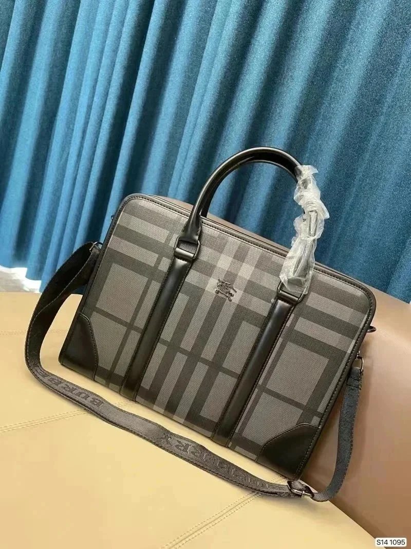 Burberry Check Print Leather-Trimmed Briefcase Bag Gray Messenger Bag