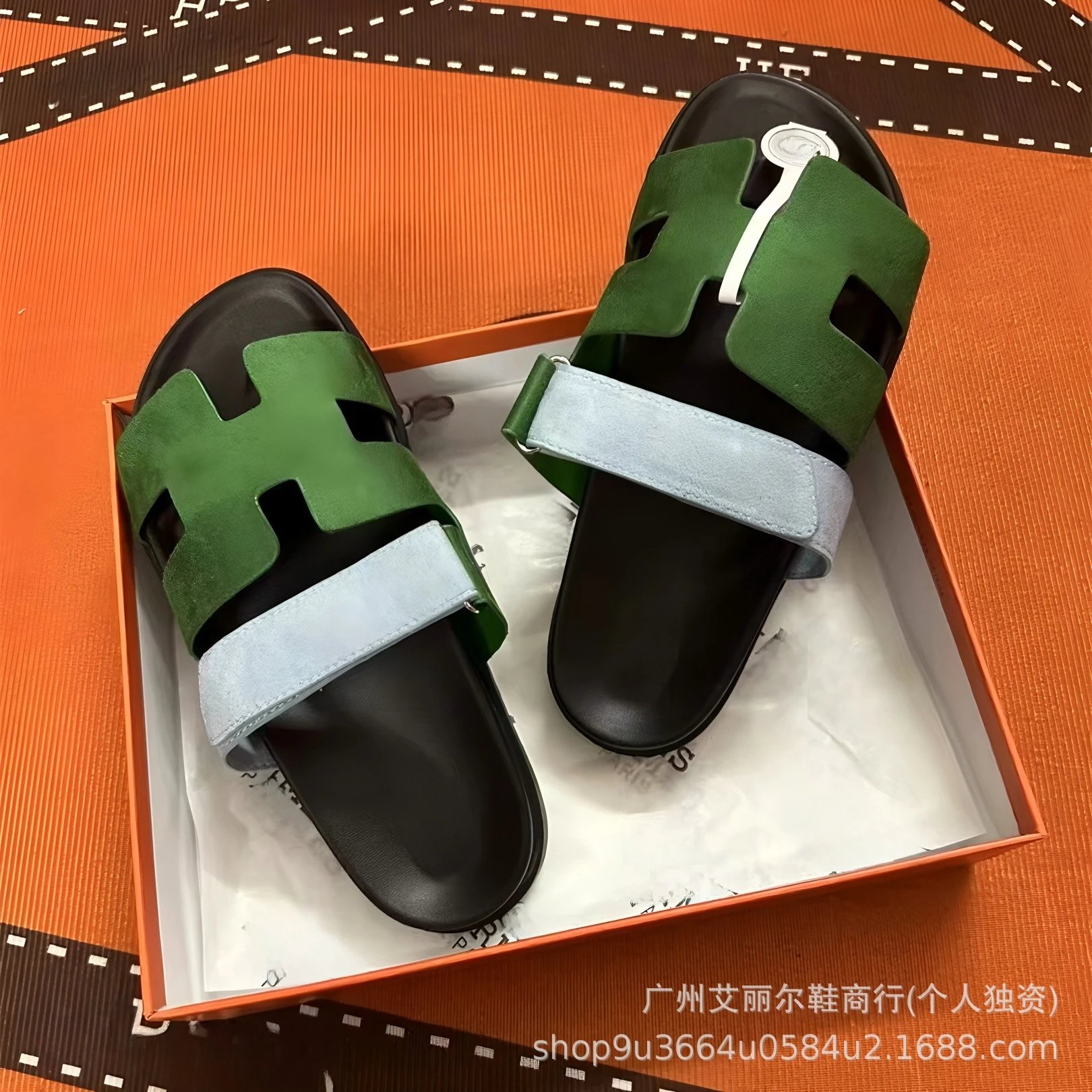 Hermès Oran Sandals Light Blue and Lime Green Suede Slide Sandals - 16
