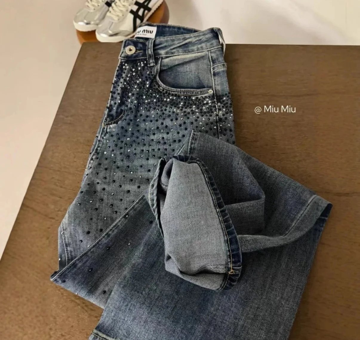 Design Rhinestone-Embellished Wide-Leg Jeans Blue - 7