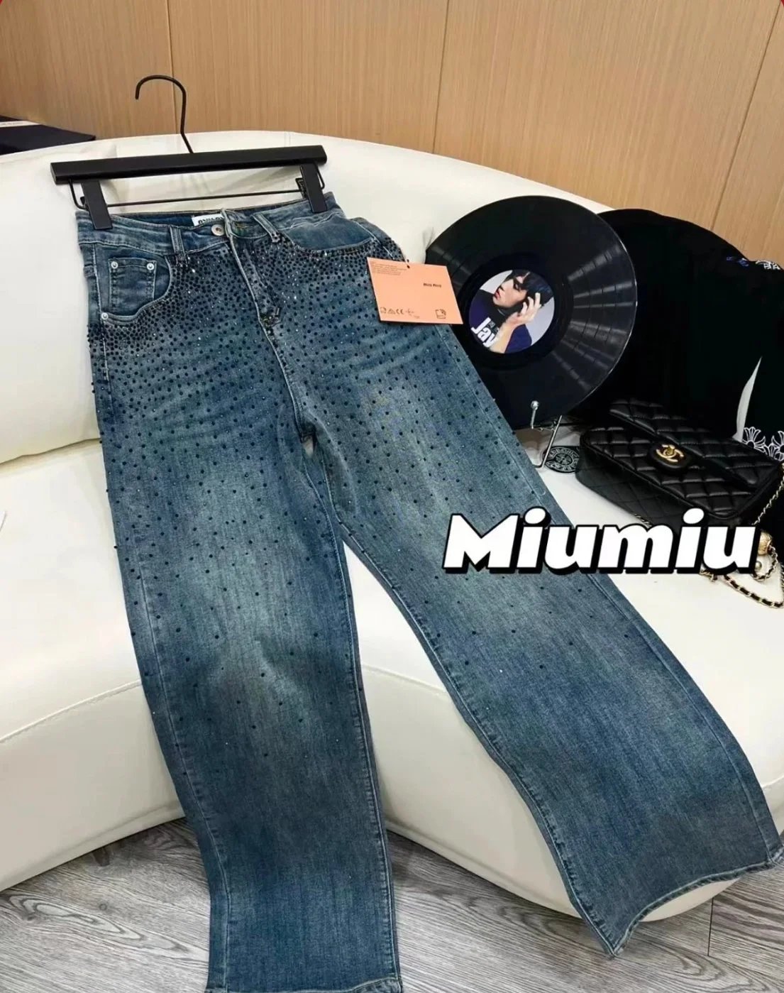 Design Rhinestone-Embellished Wide-Leg Jeans Blue - 9