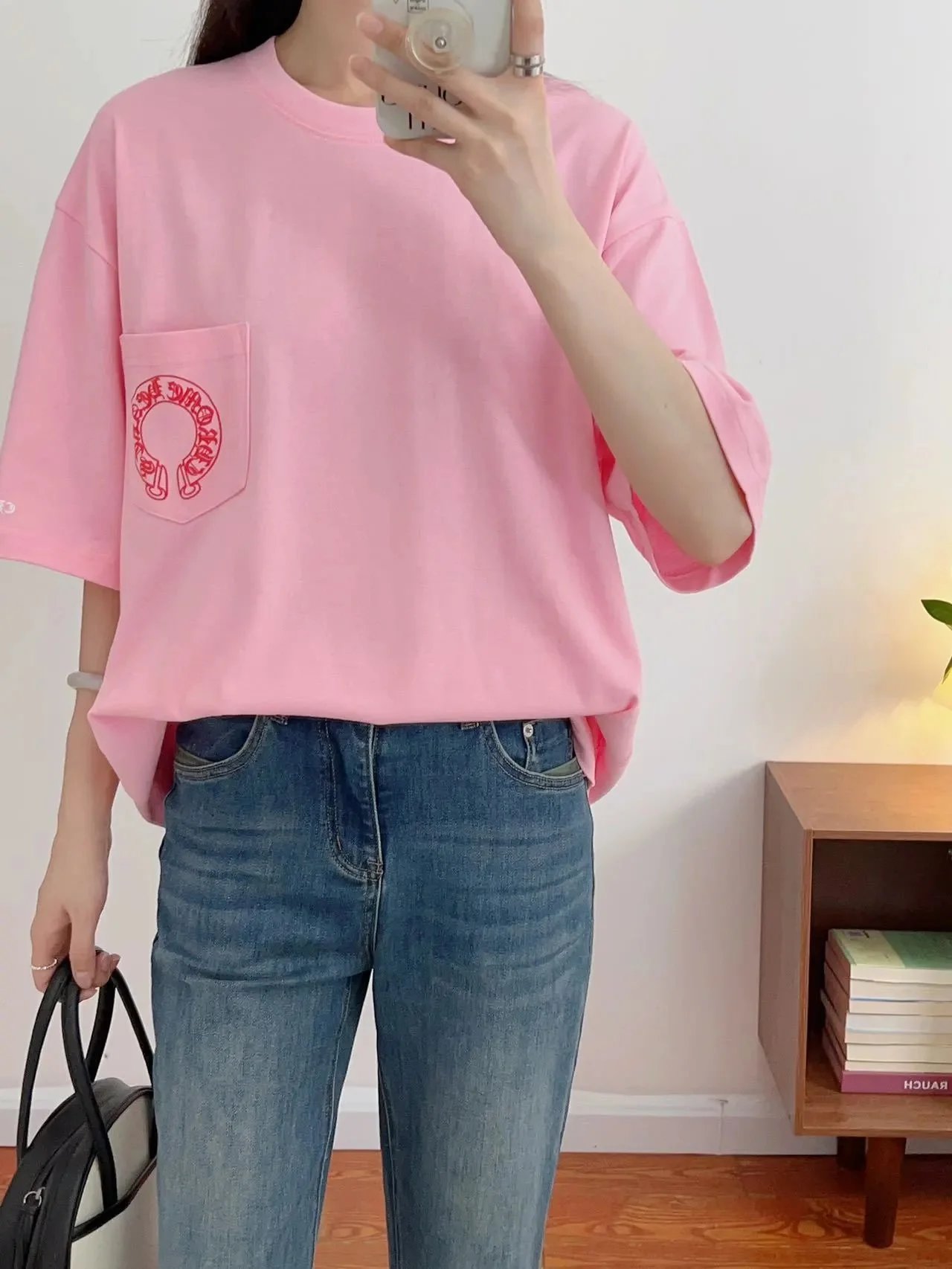 Chrome Hearts Pink Cross Logo T-Shirt Black - 3