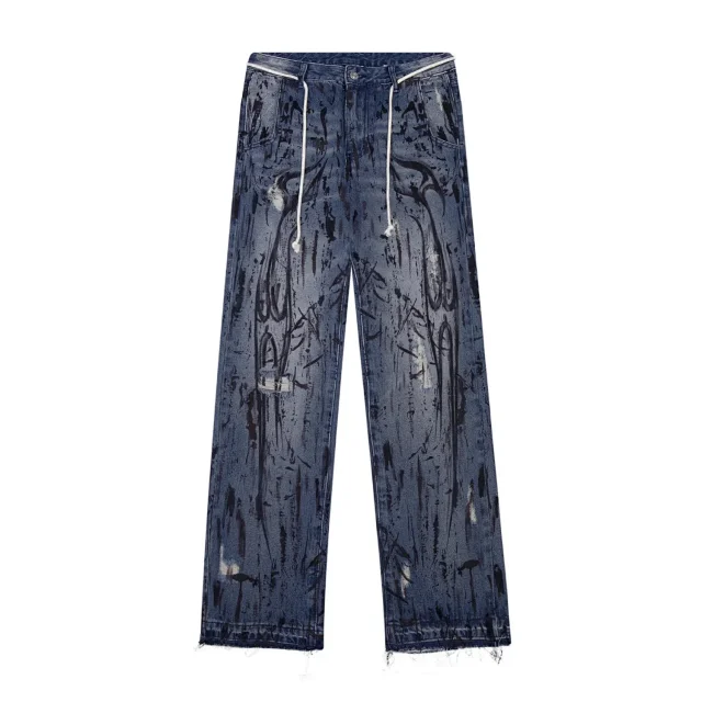 Unbranded Jeans Ink-Splatter Graffiti Drawstring Straight-Leg product detail image 3