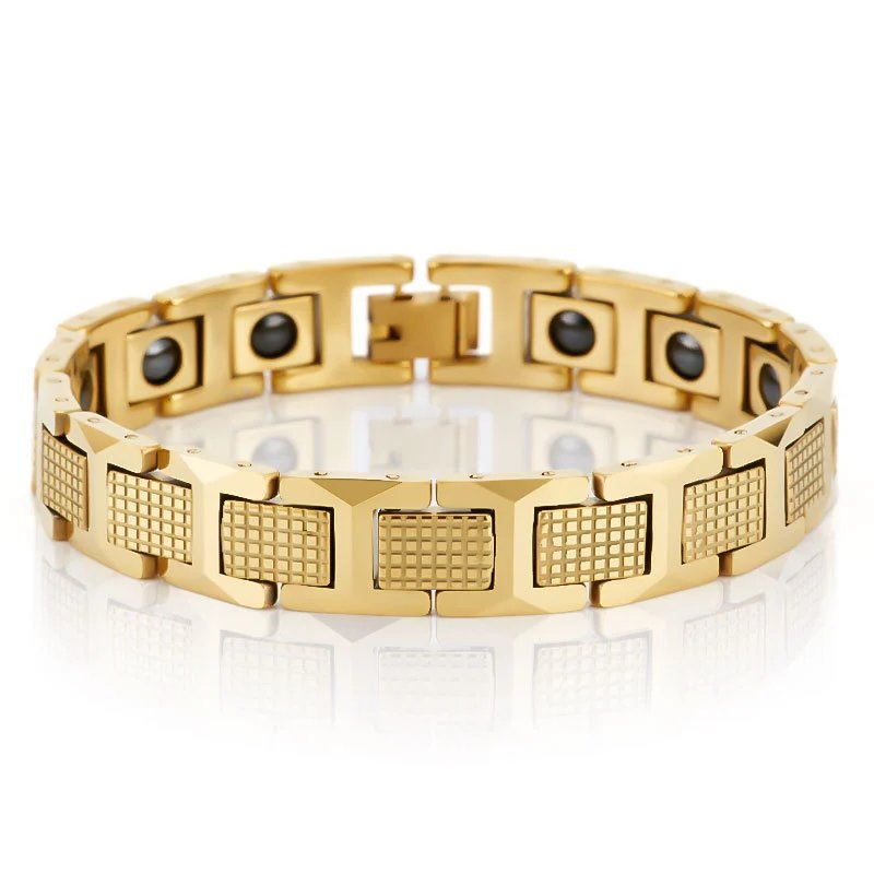 Gold-Tone Magnetic Therapy Bracelet with Textured Links and Black Hematite Stones