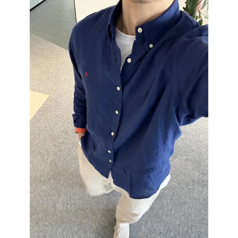 Polo Ralph Lauren Shirt Linen Embroidered Pony Logo Navy Blue