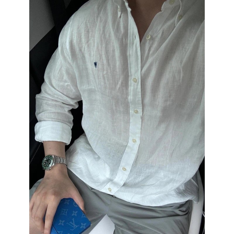 Ralph Lauren Embroidered Pony Logo Linen Shirt for Men - Long Sleeve Sun Protection Polo Shirt (Couple's Matching)