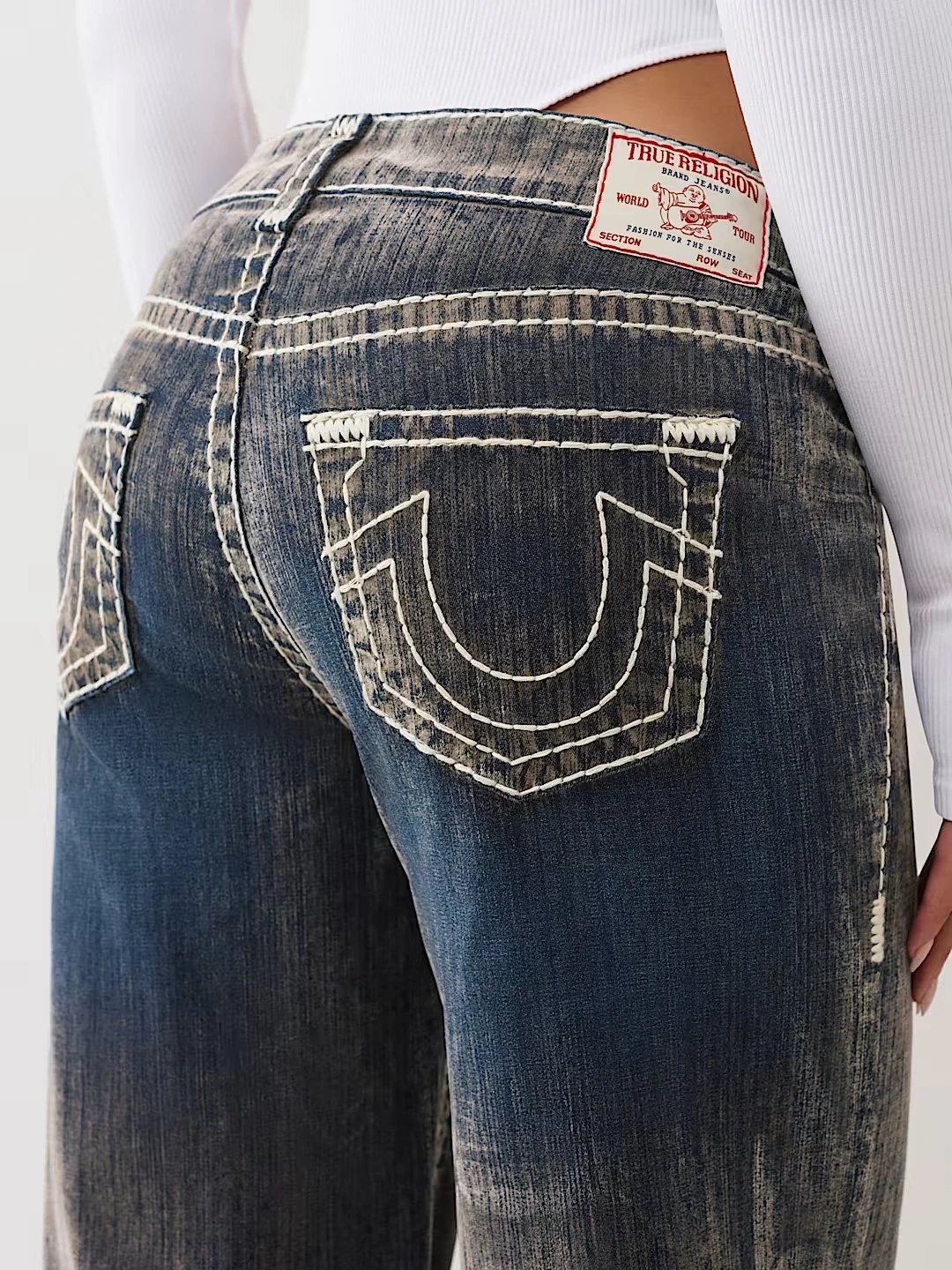 White with dark blue thick stitching