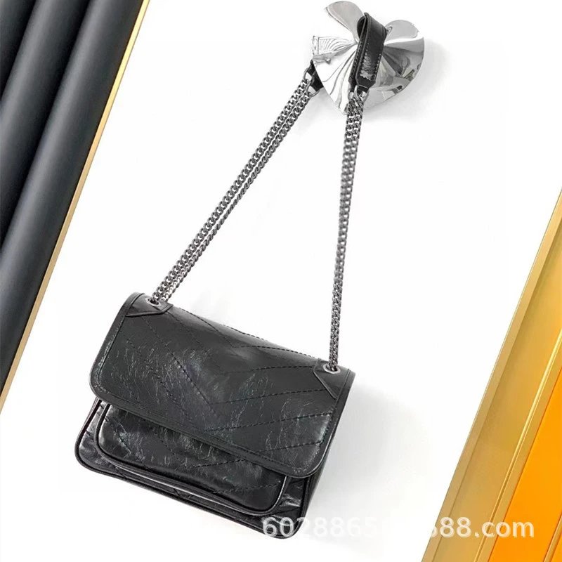 New Arrival ML* Unisex Genuine Leather Messenger Bag Chain Box Bag 3-in-1 Black Knight Pillow Bag