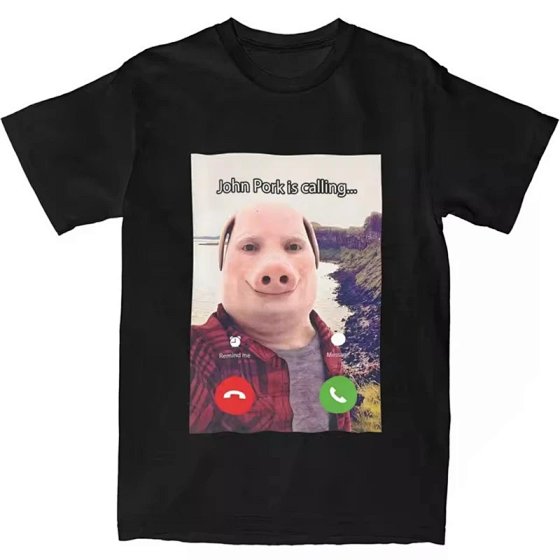 John Pork is on the phone answering the phone. A humorous and funny pig shaped T-shirt with street clothing in 3D