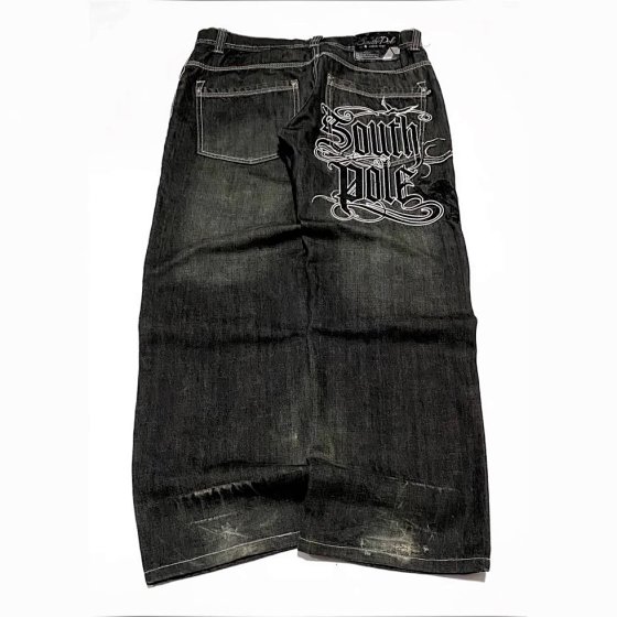 Southpole Men's Y2K Black Gray Baggy Letter Print Jeans Streetwear Dark Casual Pants