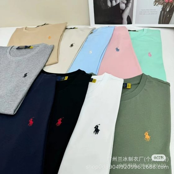 Foreign trade Paul T-shirt LF small horse logo embroidered women's round neck short sleeved pure cotton half sleeved men's hoodie versatile base shirt trendy