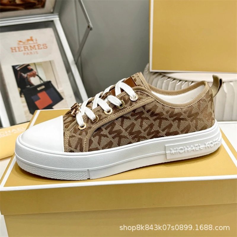 2024mk fashion new women’s white leather lace-up sneakers with metal buckle – trendy canvas shoes/running shoes
