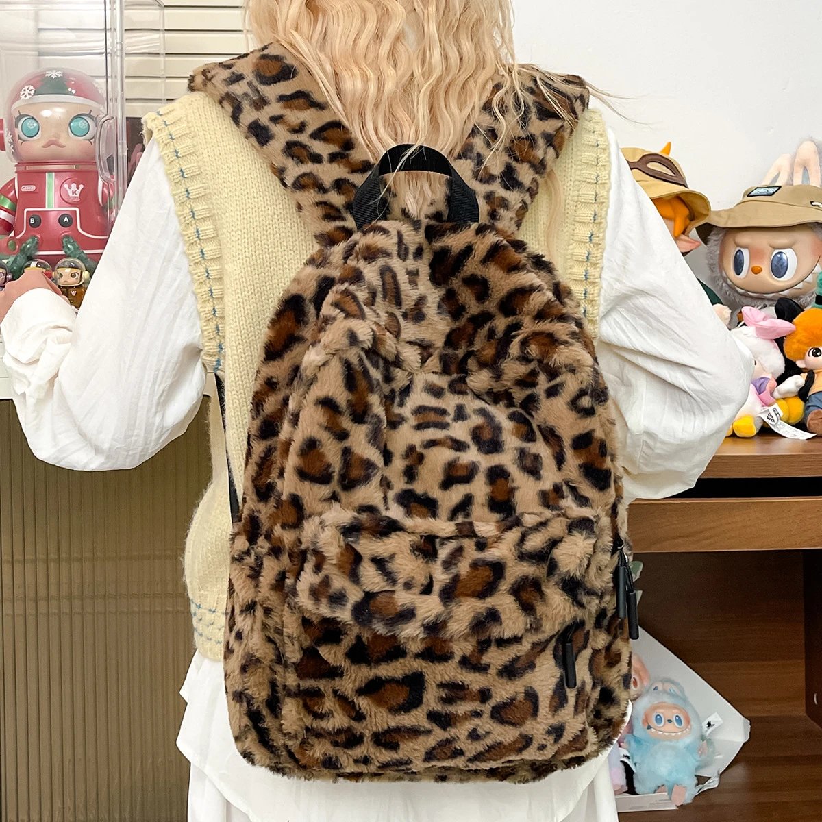 Japanischer Ins Style Nischen Leoparden Schultasche Damen Großes Fassungsvermögen Herbst Winter Plüsch Retro Rucksack Oberschüler Studenten Rucksack