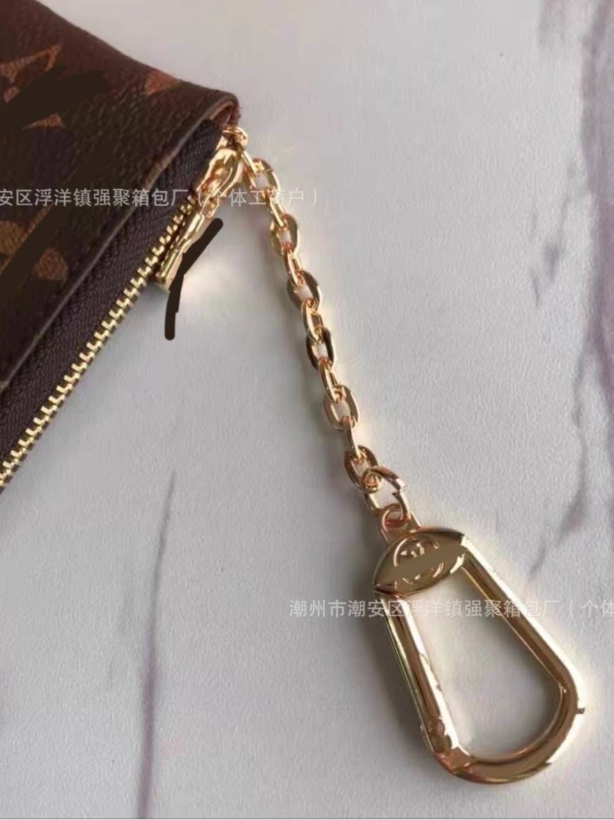 潮酷高级拉链挂扣简约时尚老花皮质轻奢钱包卡夹卡包零钱包钥匙包 5