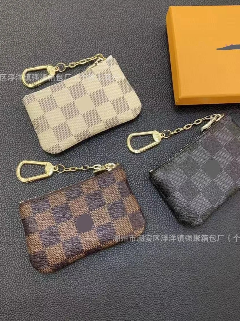 潮酷高级拉链挂扣简约时尚老花皮质轻奢钱包卡夹卡包零钱包钥匙包 2