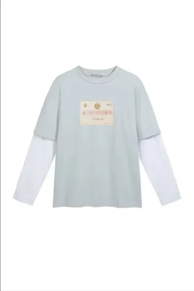 Design Layered Long-Sleeve T-Shirt in Mint Green with Vintage Document Print - 1