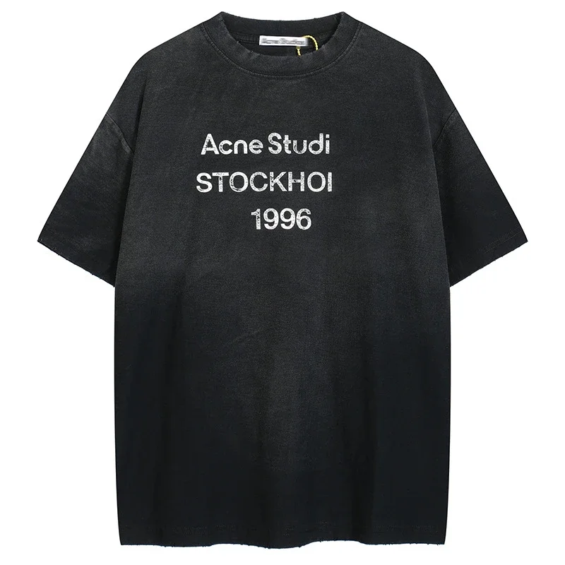 AC1996 old washed and worn gradient letter printed short-sleeved loose T-shirts for men and women couples