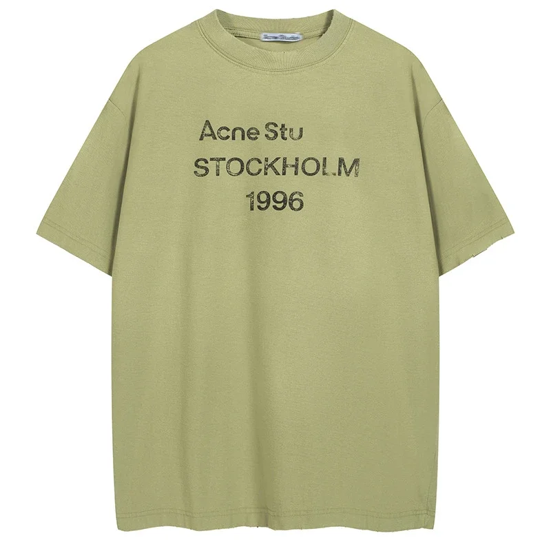 AC1996 old washed and worn gradient letter printed short-sleeved loose T-shirts for men and women couples
