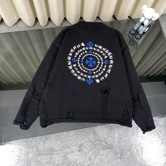 Chrome Hearts Knitwear Distressed crewneck sweater with cross embroidery product detail image 3