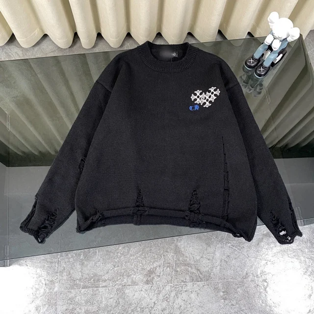 Chrome Hearts Knitwear Distressed crewneck sweater with cross embroidery product detail image 2