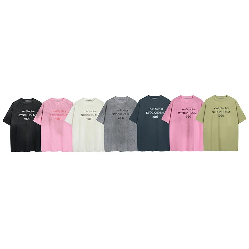 AC1996 old washed and worn gradient letter printed short-sleeved loose T-shirts for men and women co