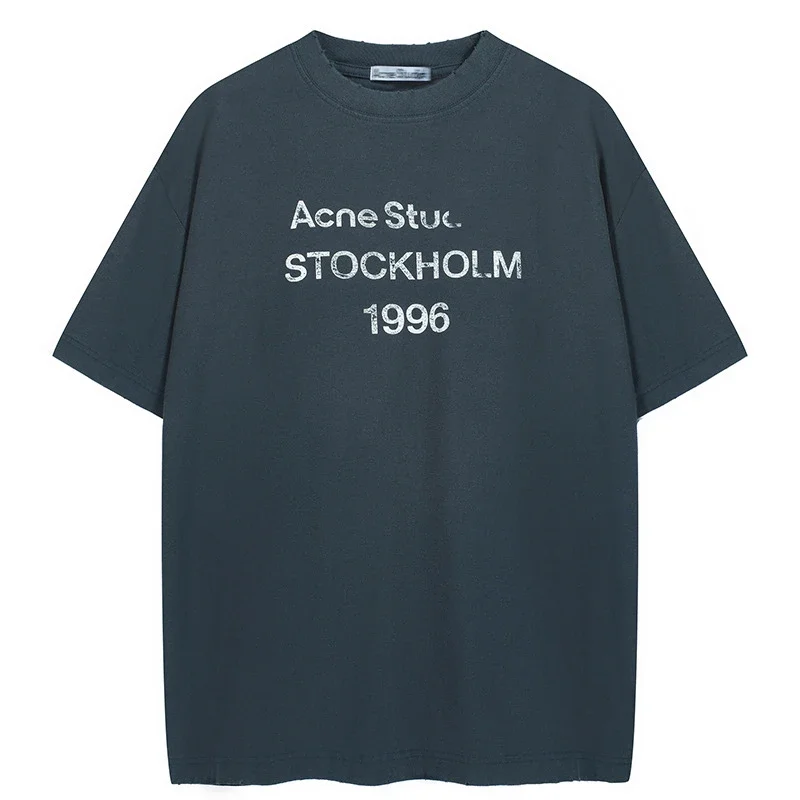 AC1996 old washed and worn gradient letter printed short-sleeved loose T-shirts for men and women couples