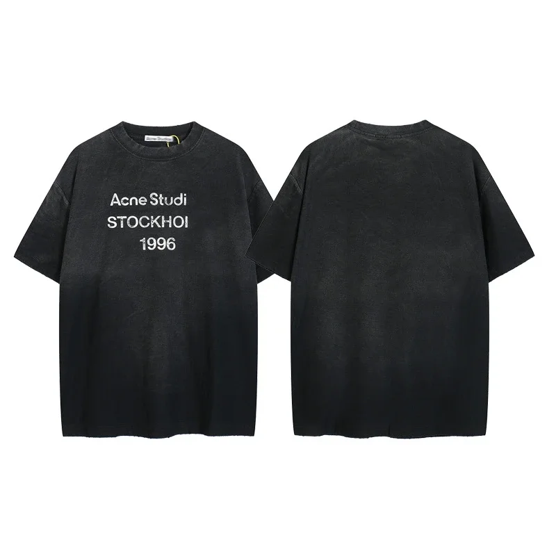 AC1996 old washed and worn gradient letter printed short-sleeved loose T-shirts for men and women couples