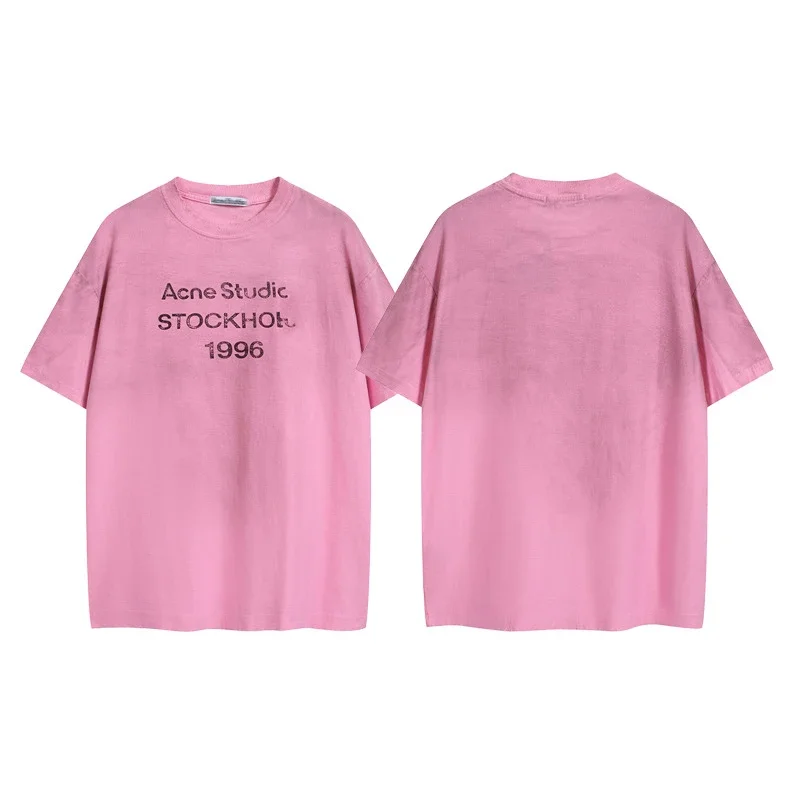 AC1996 old washed and worn gradient letter printed short-sleeved loose T-shirts for men and women couples