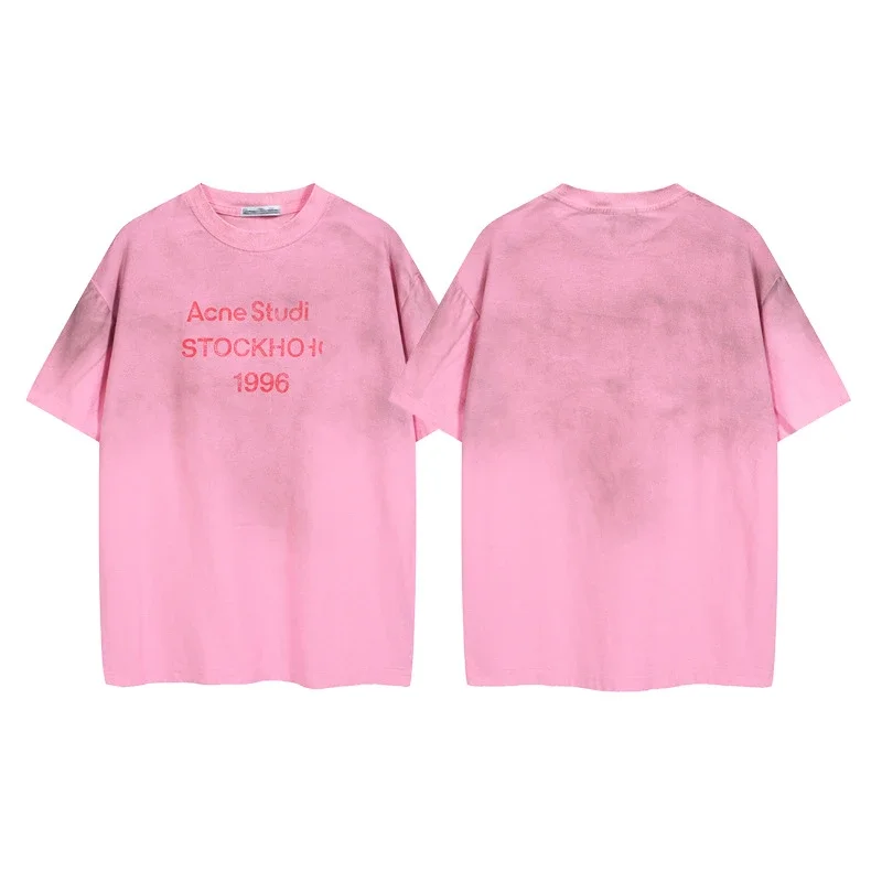 AC1996 old washed and worn gradient letter printed short-sleeved loose T-shirts for men and women couples
