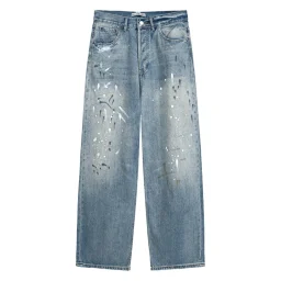 thumbnail for AC hand-painted splashed ink frayed wash distressed wide-leg jeans