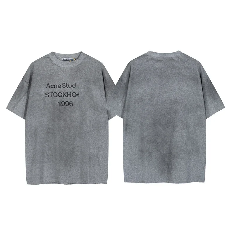AC1996 old washed and worn gradient letter printed short-sleeved loose T-shirts for men and women couples