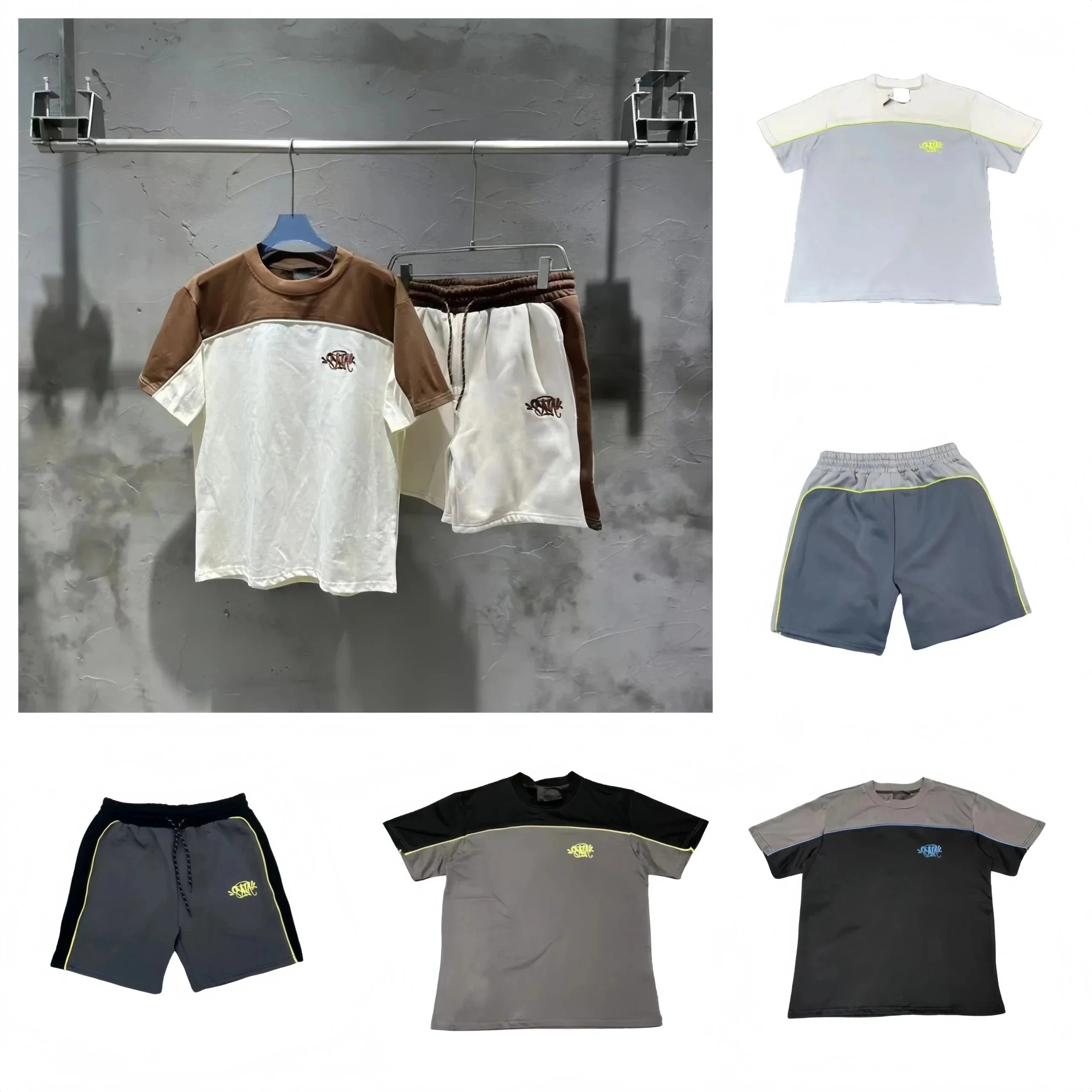 OSMC Color-Block T-Shirt and Shorts Set - Brown/White Contrast