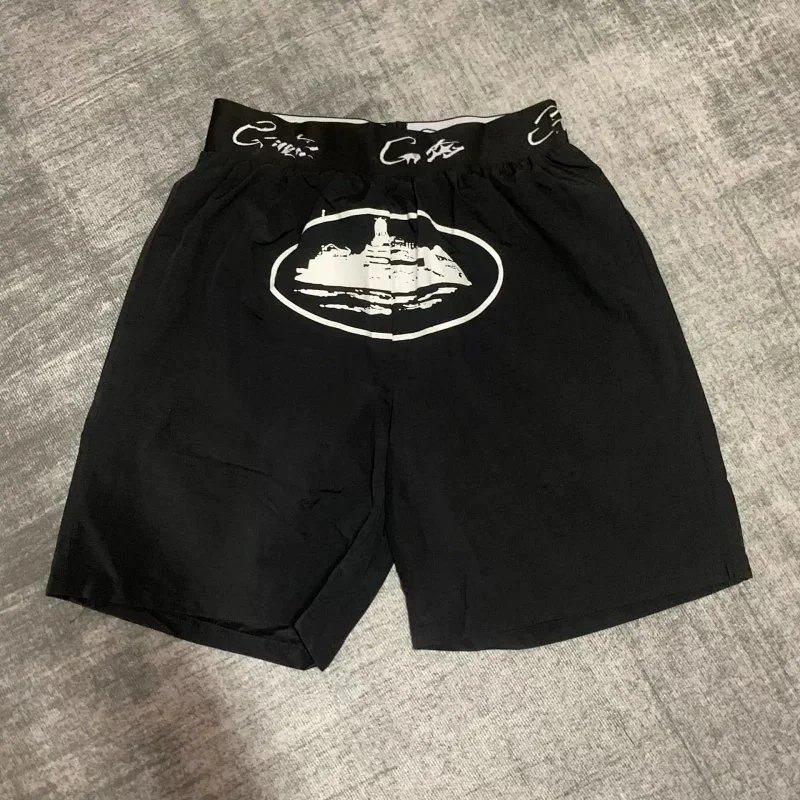 Corteiz Black Boxer Shorts with Castle Logo Print