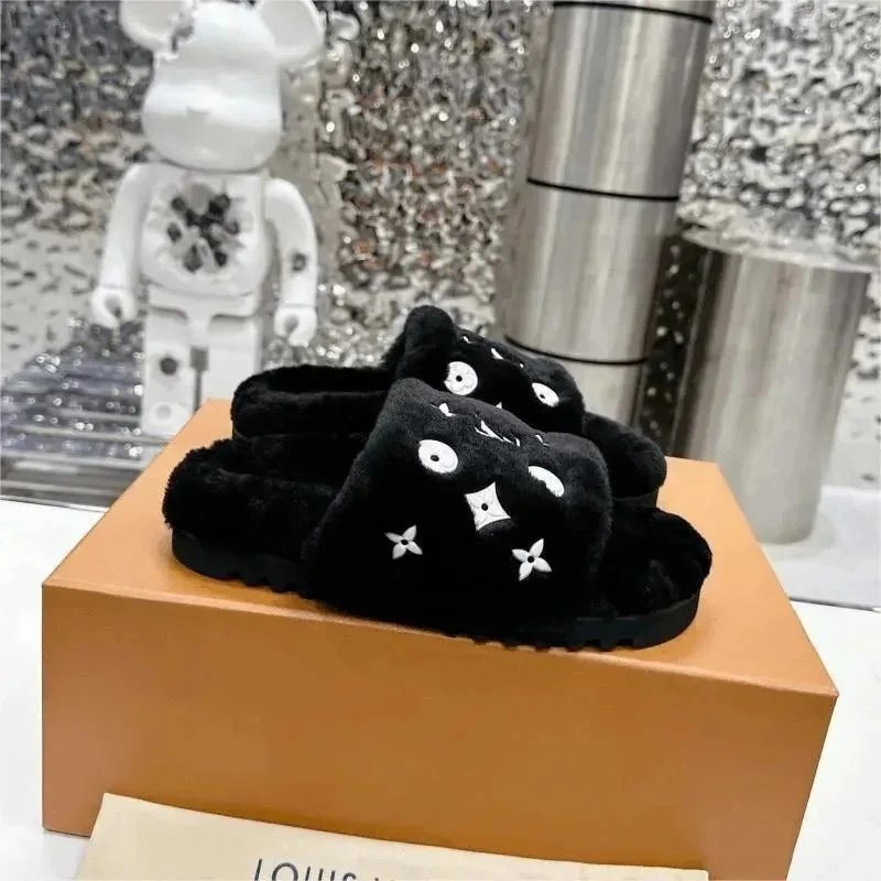 Louis Vuitton Monogram Cat Face Furry Slippers Black - 199416