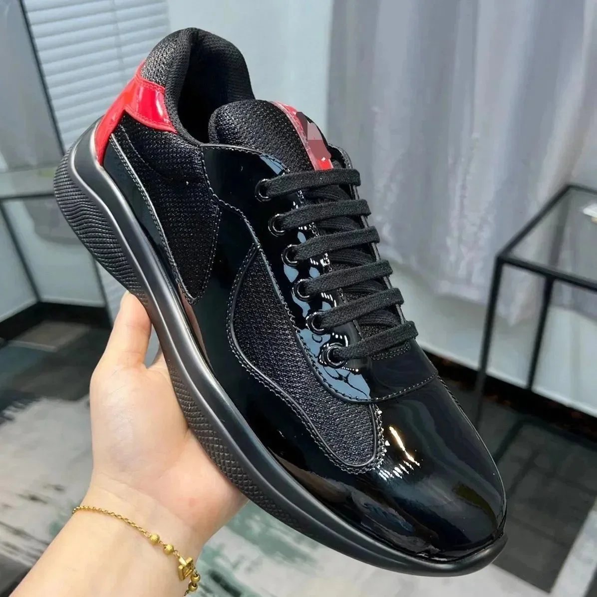 Prada Linea Rossa Black Patent Leather Sneaker with Red Accent - 202227