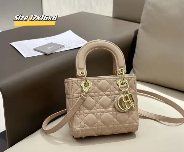 Dior Lady Dior Mini Beige Quilted Leather Handbag - 1