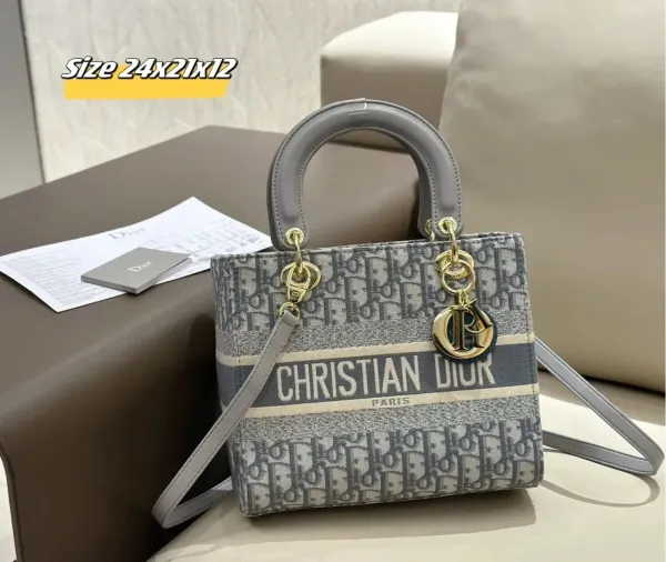 Dior Lady Dior Oblique Gray Canvas Handbag - 1