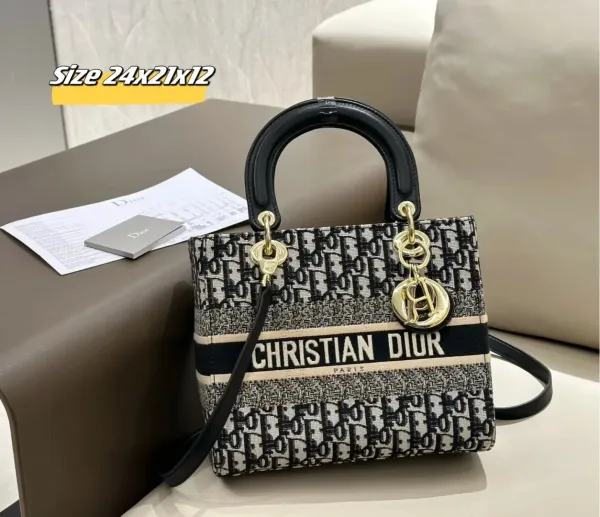 Dior Lady Dior Oblique Jacquard Black and Beige Handbag - 1