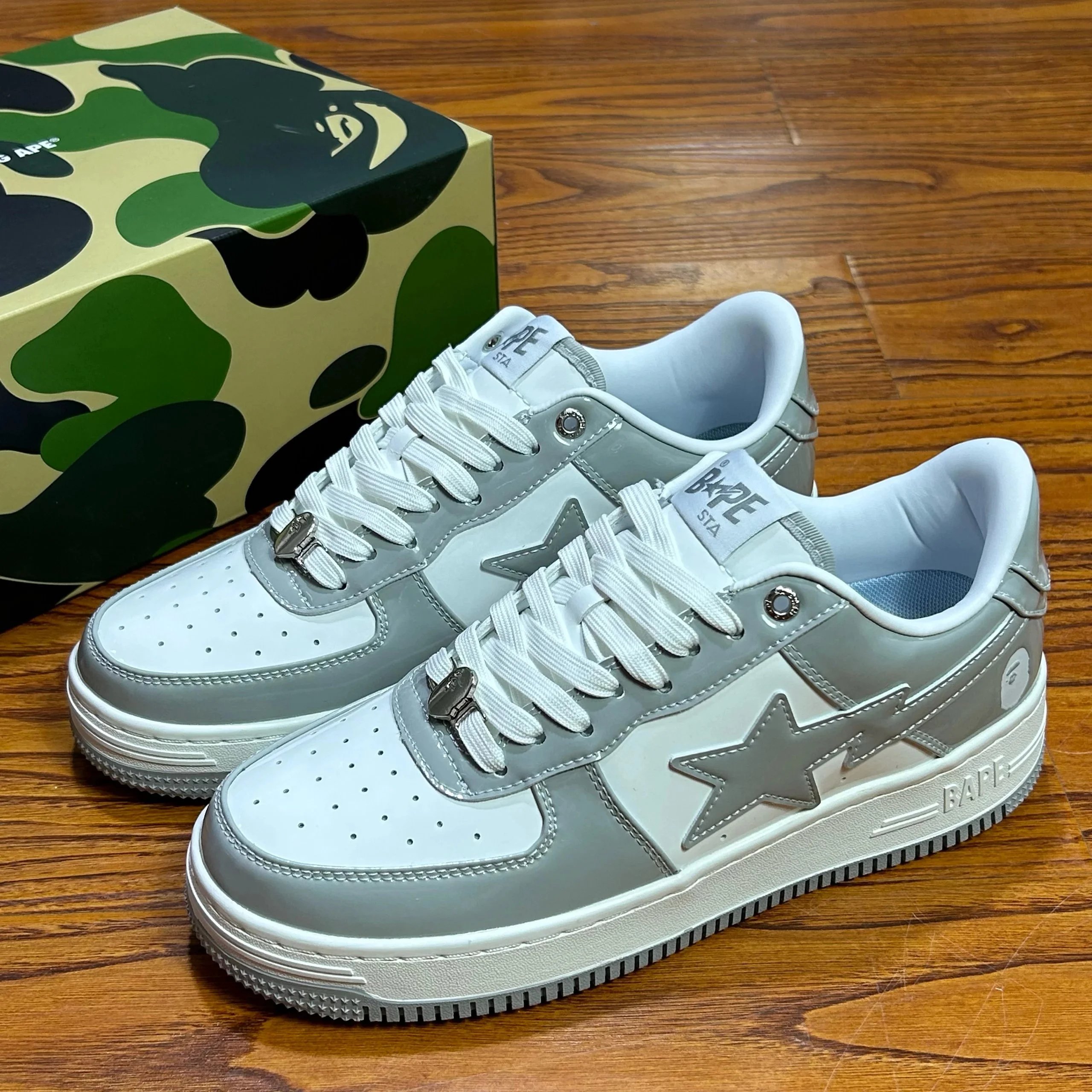 Bape white gray paint leather