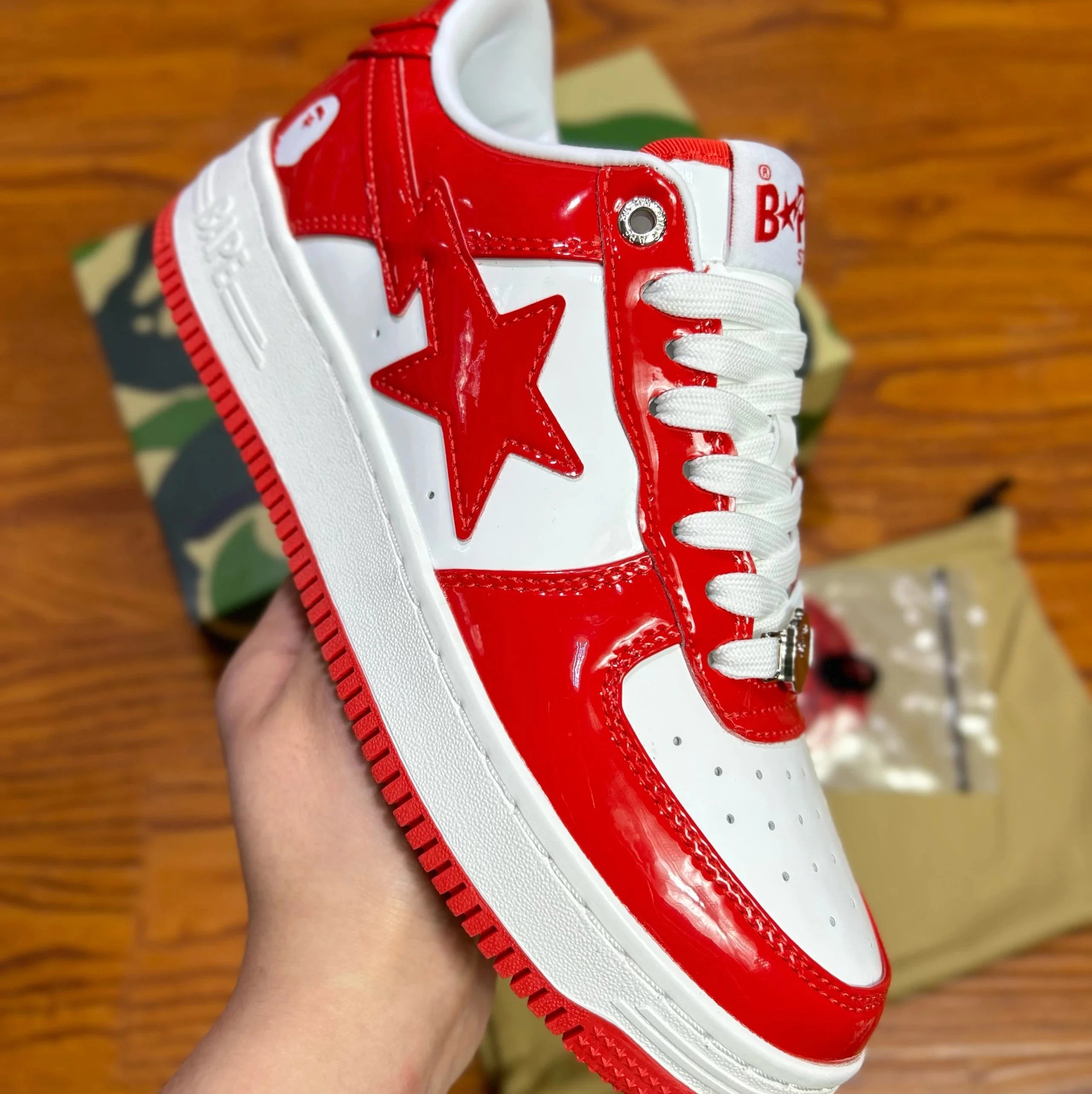 Bape white red paint leather