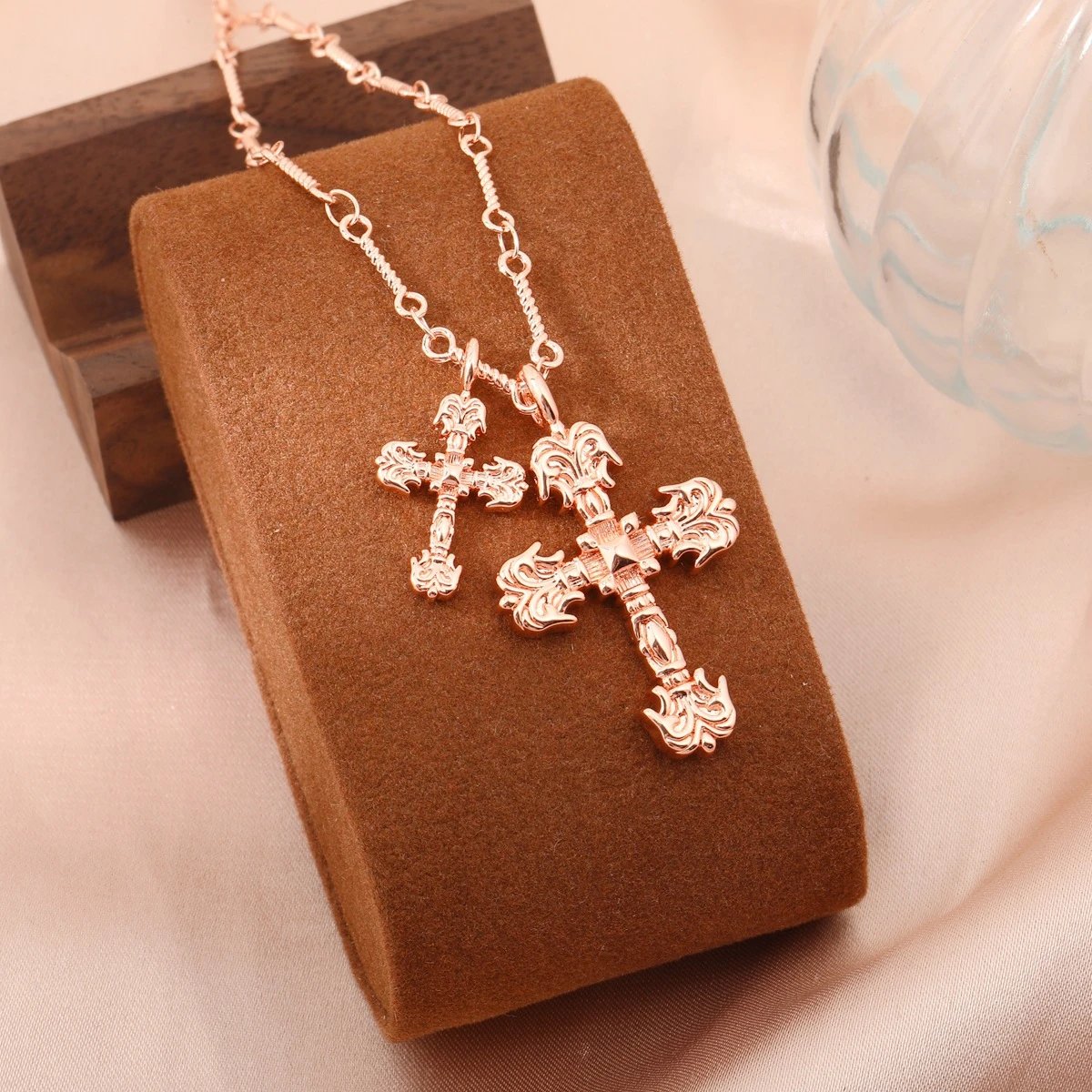 Chrome Hearts Filigree Cross Necklace Metal Crystal Rose Gold