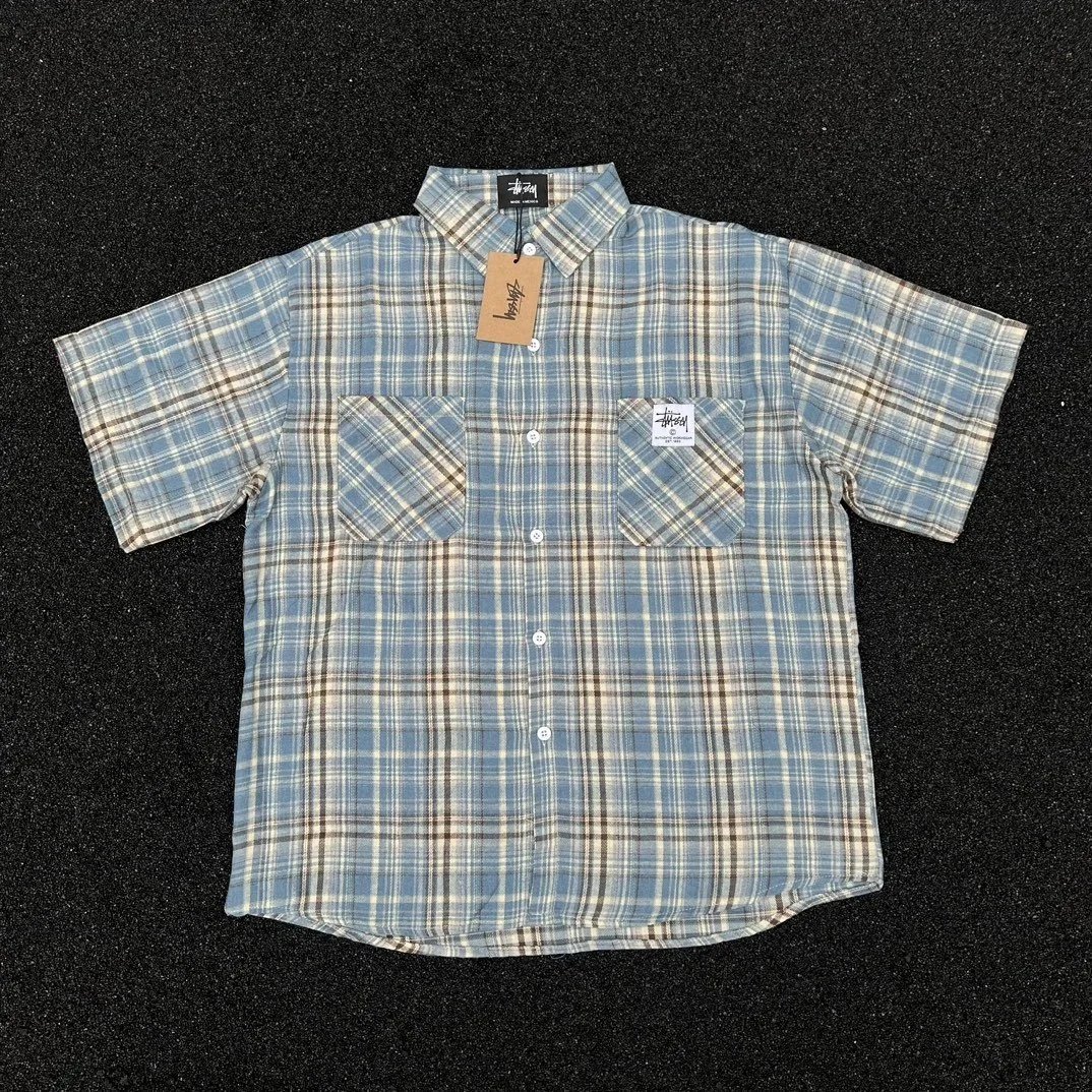 Stüssy Shirts Short-Sleeve Plaid Button-Up Two-Pocket Shirt — Green plaid