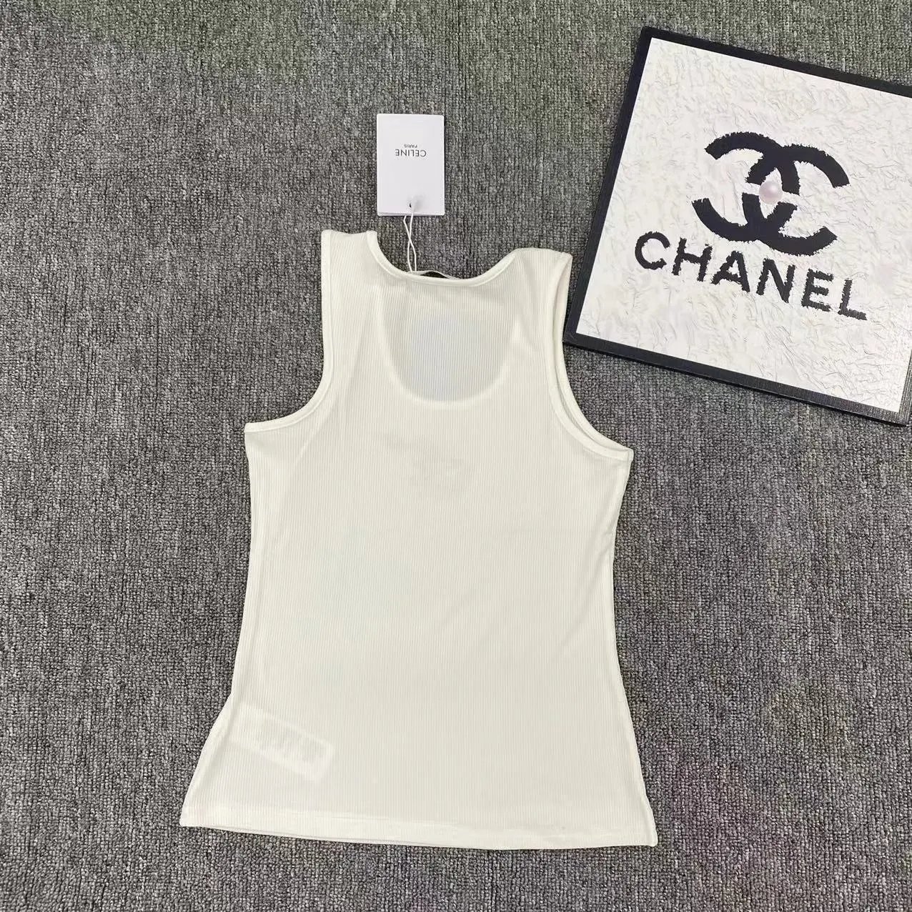 Celine Logo-Embellished Ribbed Tank Top White Vest Top - 6