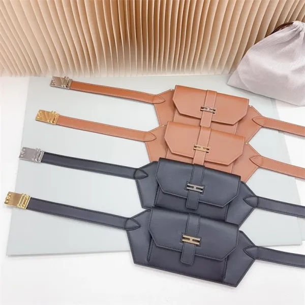 Design Belt Bag Navy Blue Leather with Gold-tone H-Clasp - 6