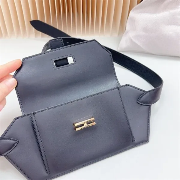 Design Belt Bag Navy Blue Leather with Gold-tone H-Clasp - 11